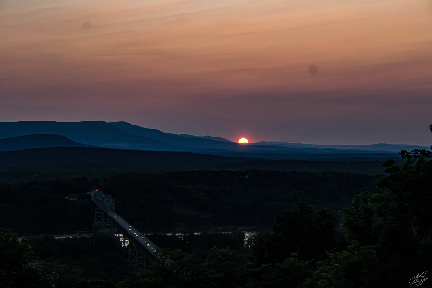 Sunset Over a Mountain with Highway Bridge (Landscape)
