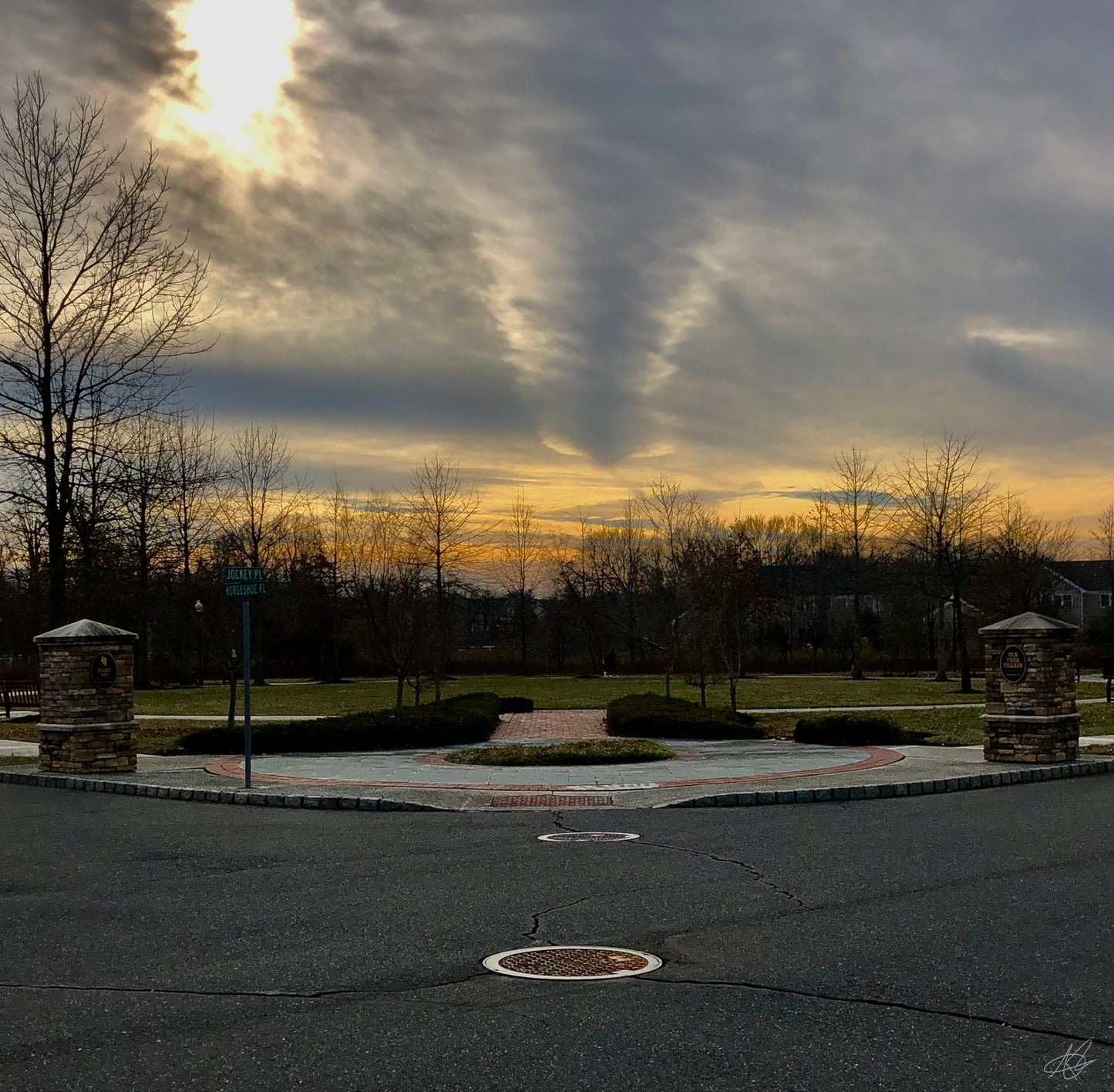 Tornado like Clouds with Sunset over a Small Park