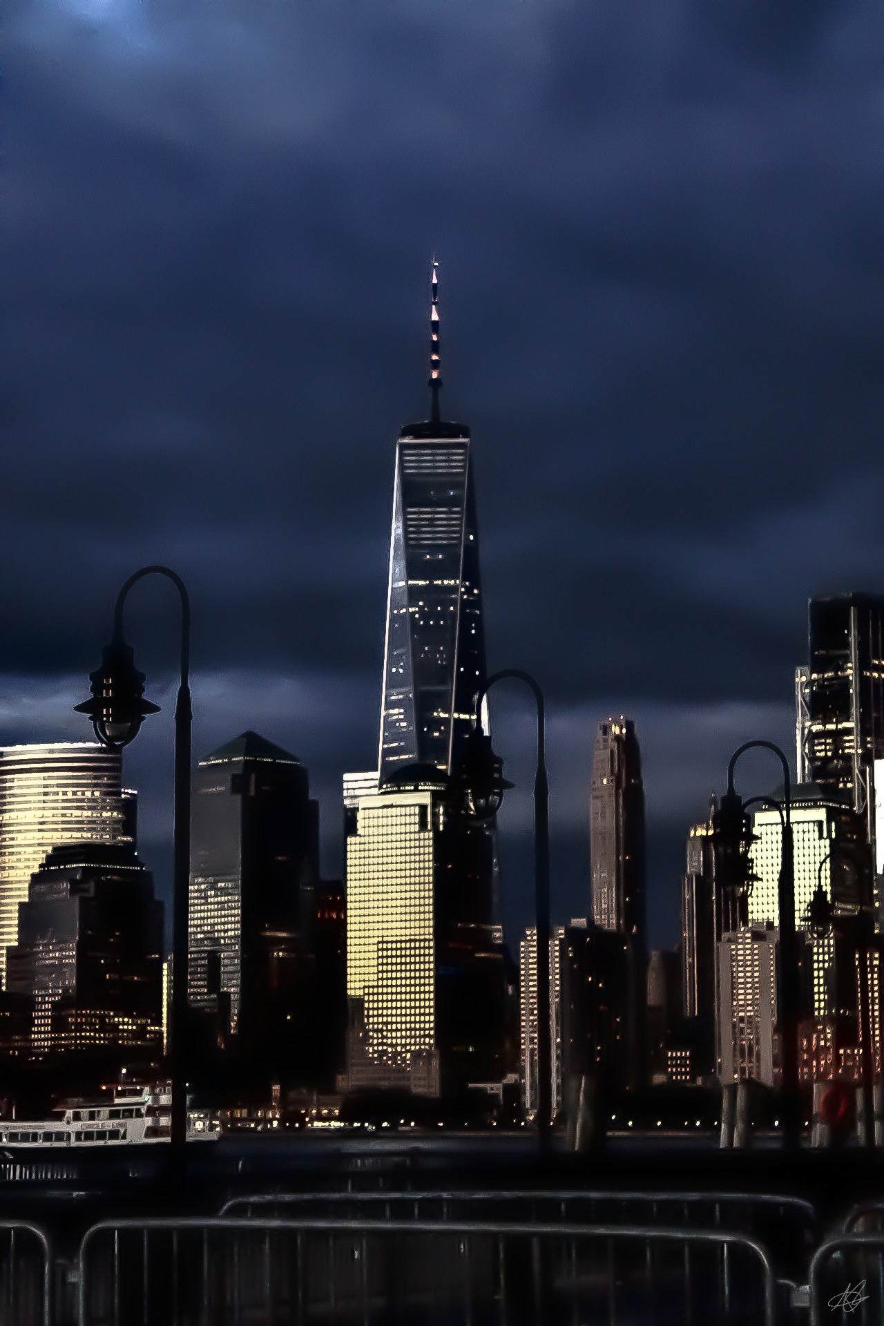 One World Trade Center during Blue Hour with Curved Lampposts
