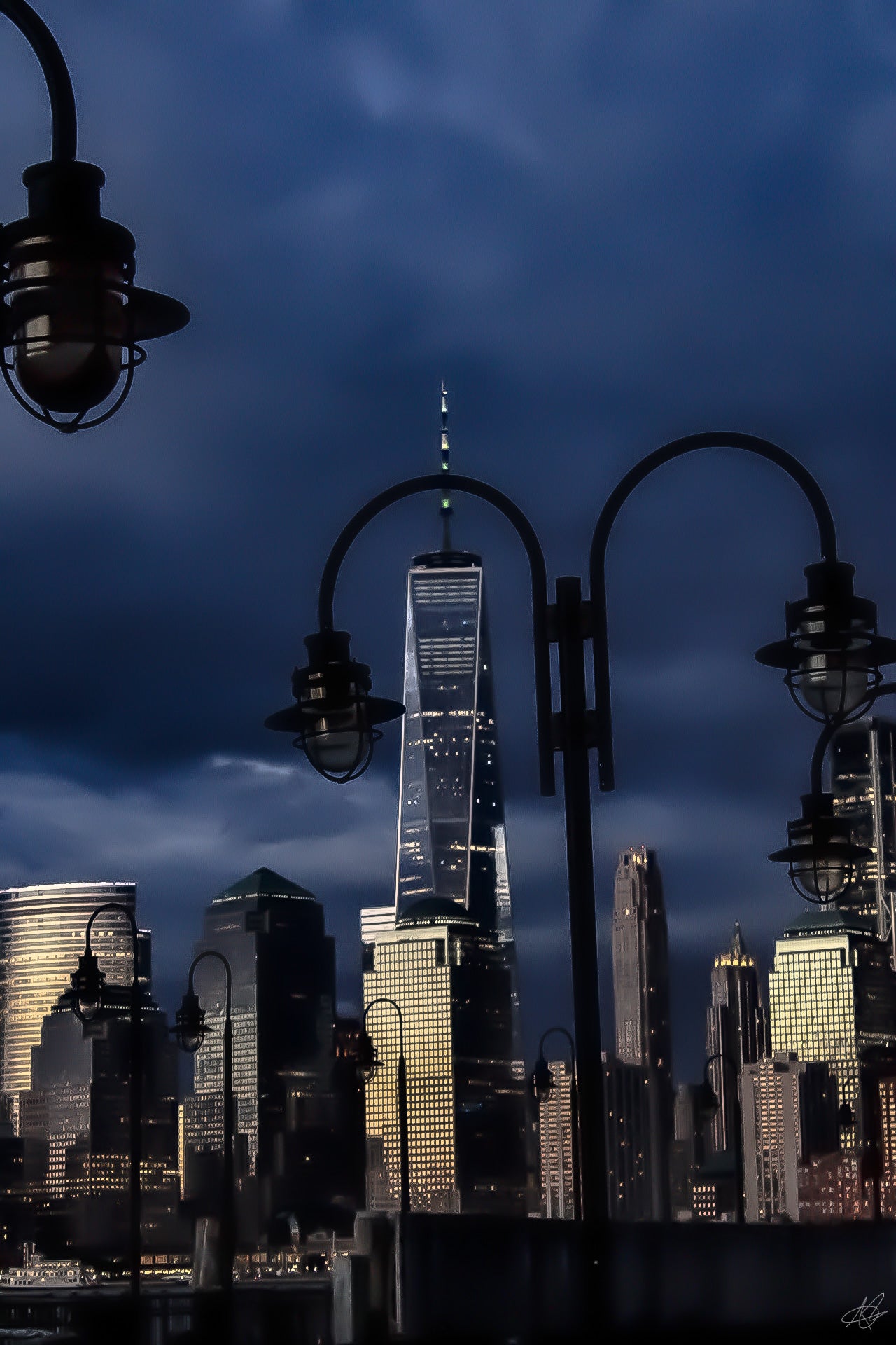 One World Trade Center through a Lamppost during Blue Hour