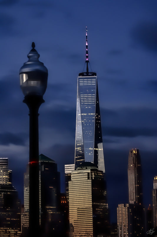 One World Trade Center during Blue Hour with Lamppost